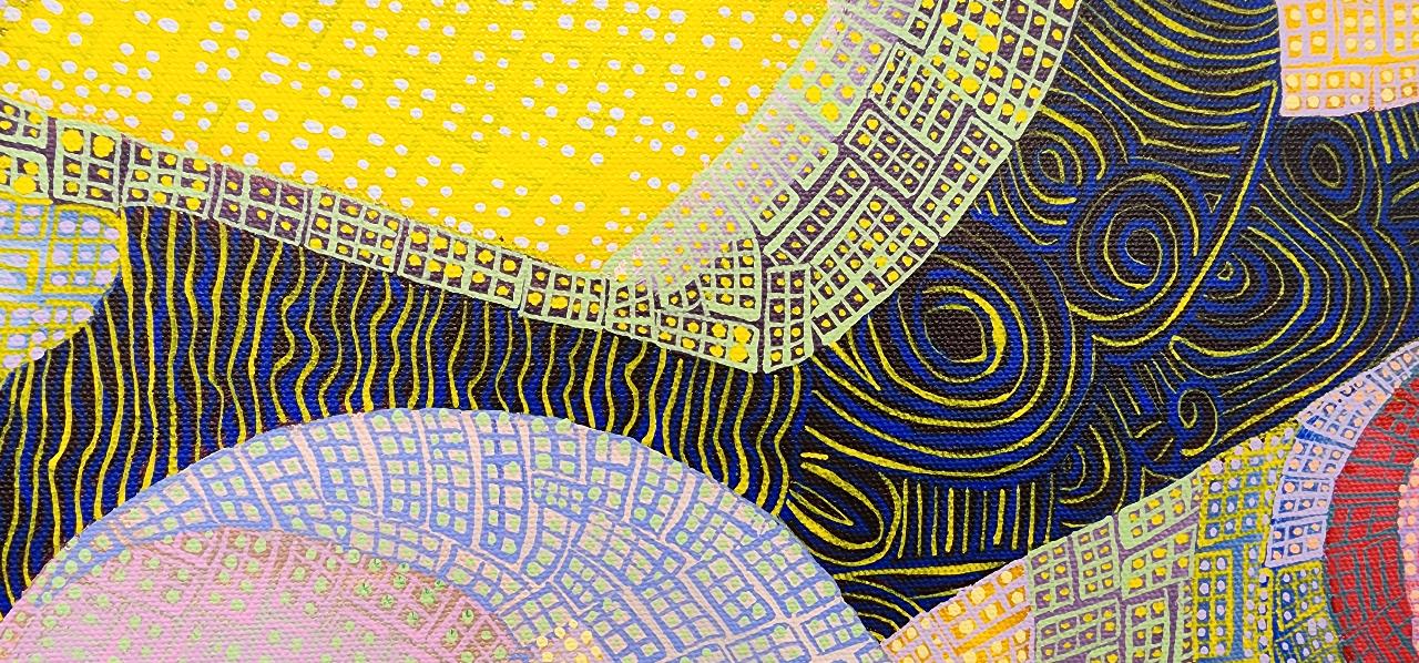 Close-up detail of a textured abstract painting with yellow dots and blue swirls
